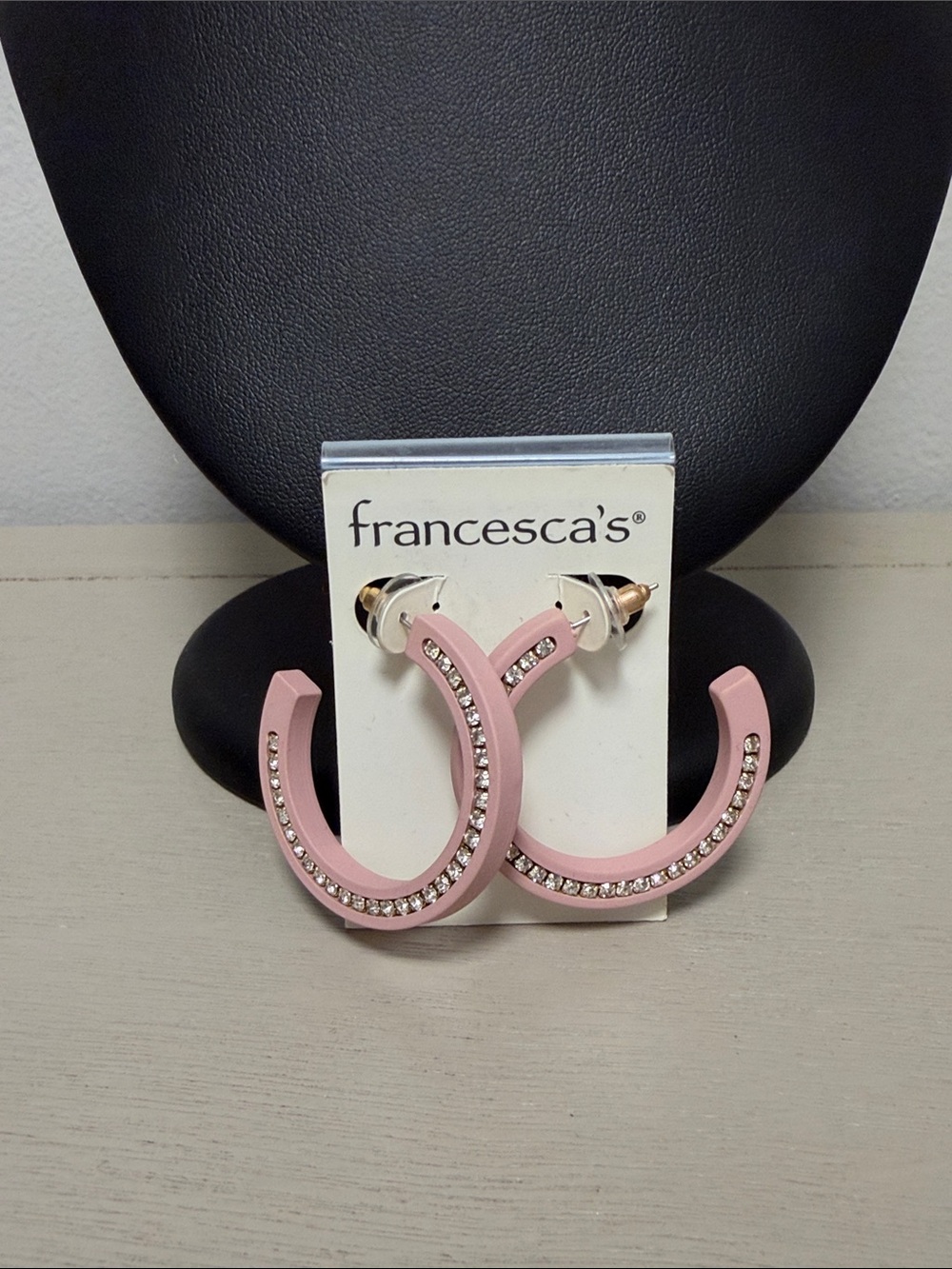 Pale Pink Rhinestone Hoop Earrings Glass Crystal Matte C-Hoop NWT Francesca’s